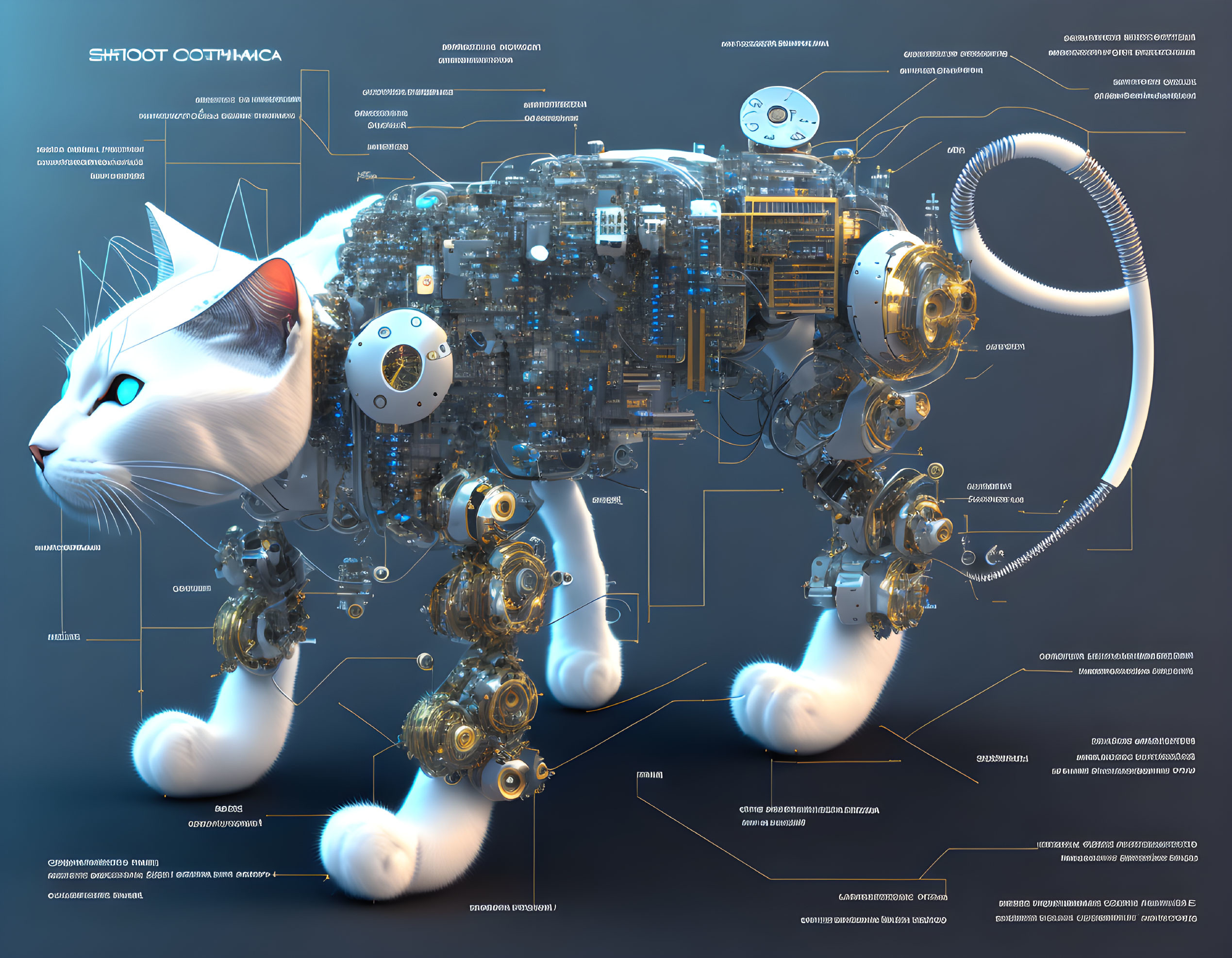 Illustration of Cat Anatomy with Mechanical and Robotic Elements