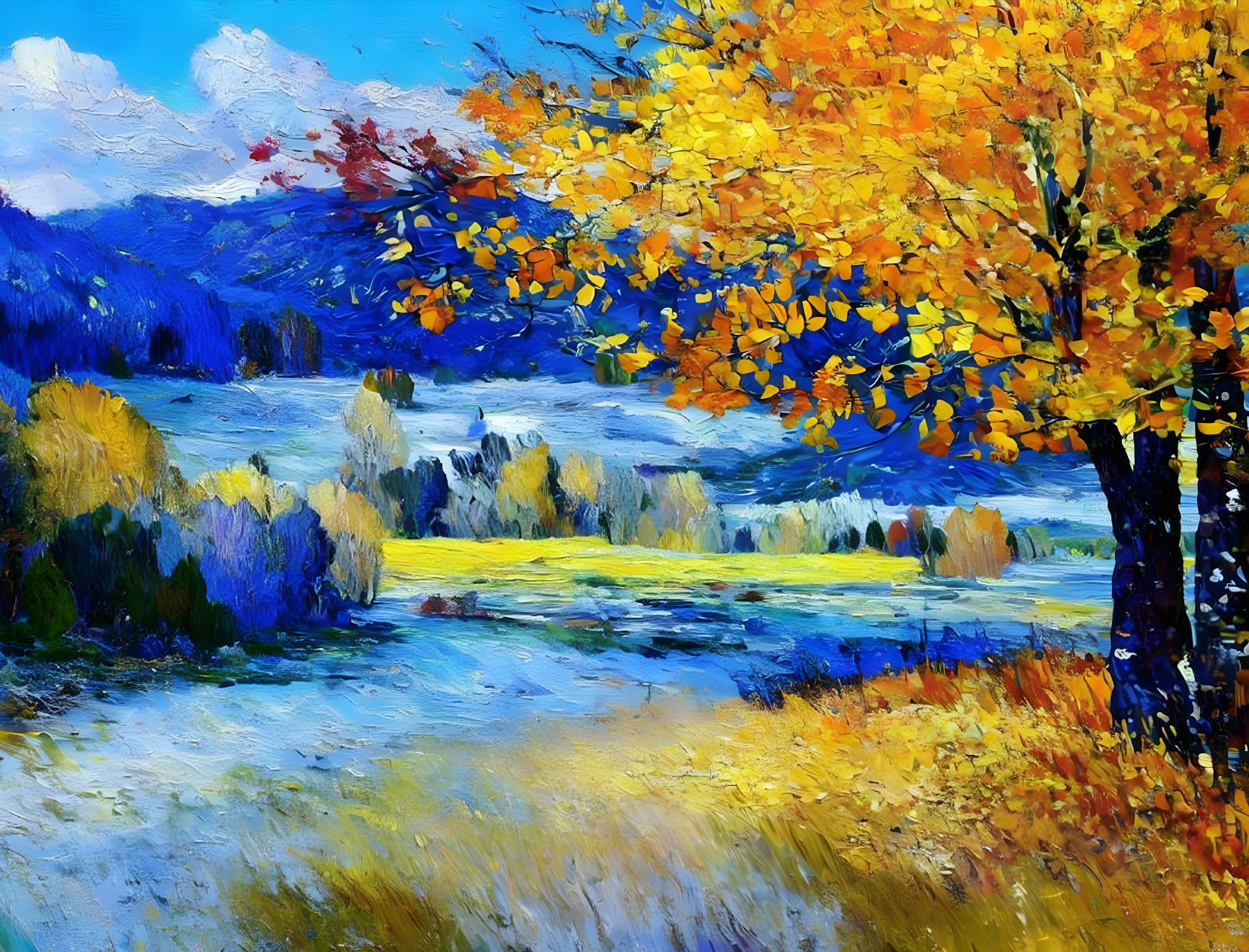 Colorful autumn landscape painting with golden tree and textured technique