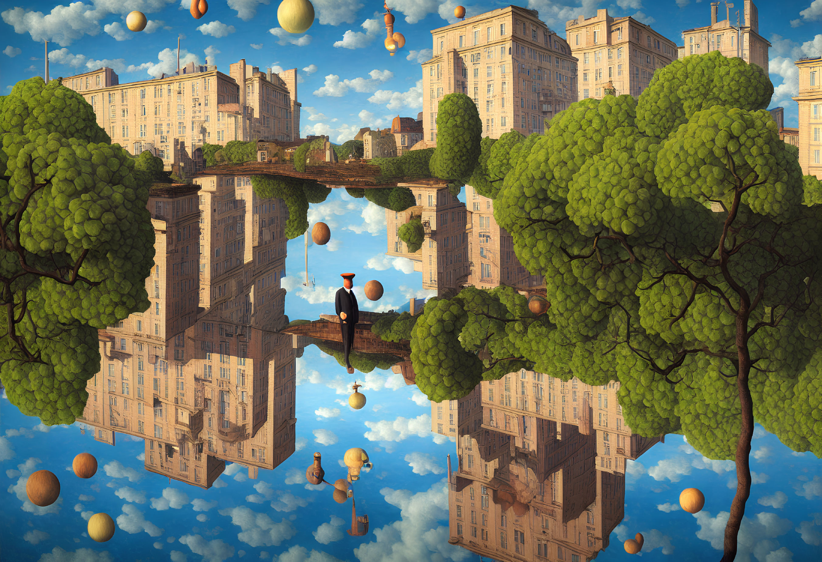 Surrealistic image of person on mirrored city bridge with floating orbs and trees under blue sky.