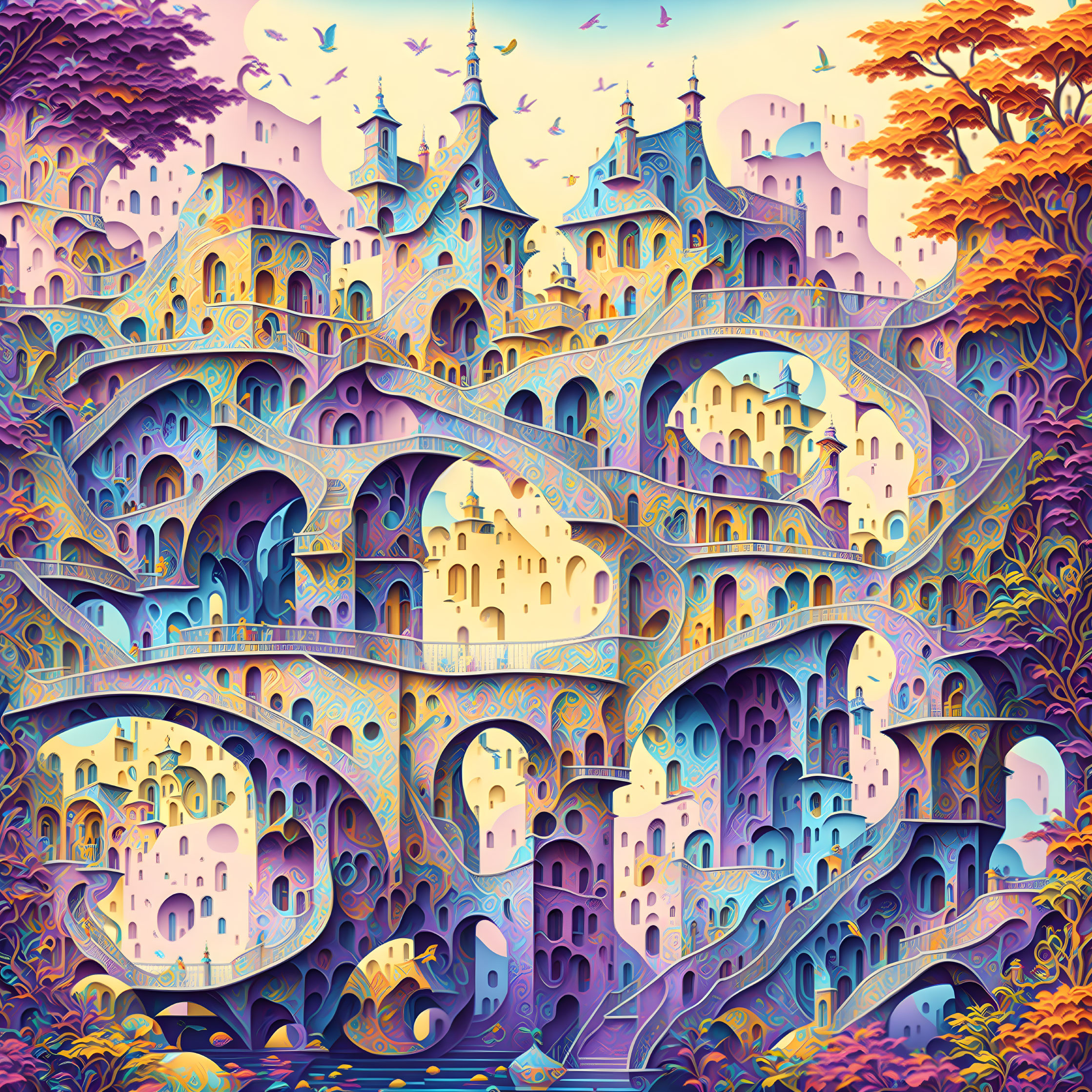 Colorful surreal artwork of a whimsical cityscape with intricate architecture.