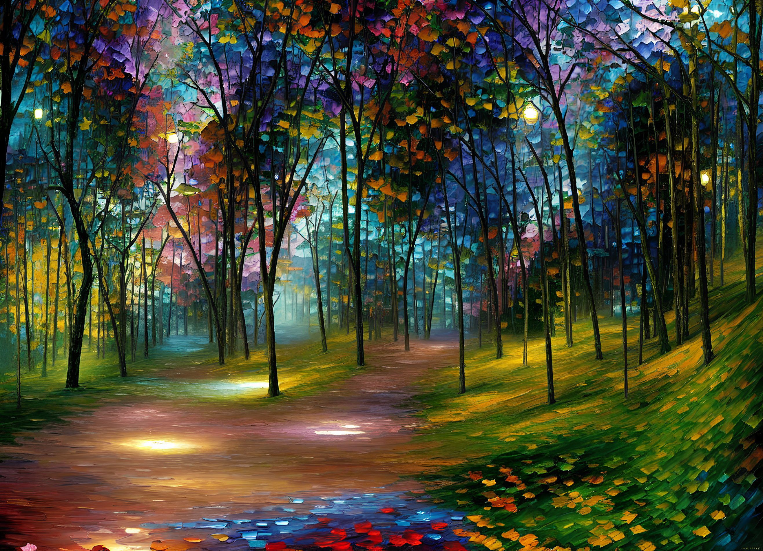 Colorful oil painting of whimsical forest path with stylized trees and illuminated trail