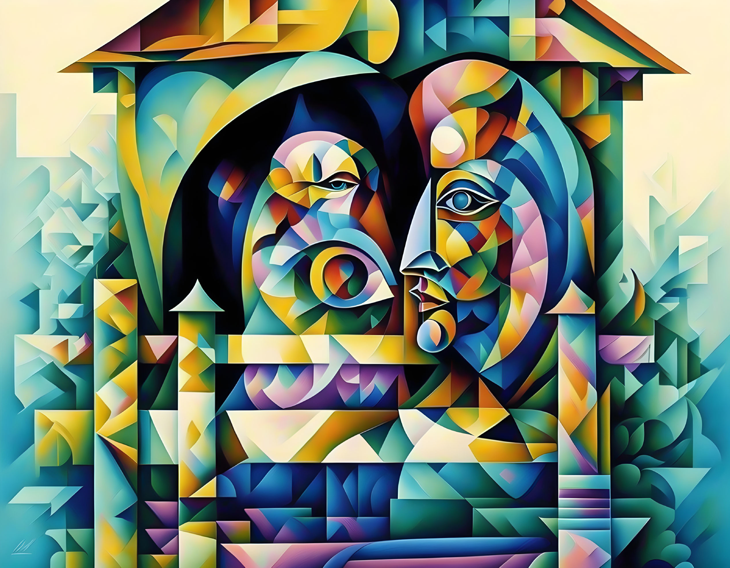 Vibrant Cubist-style painting of abstract double-faced head in geometric structure
