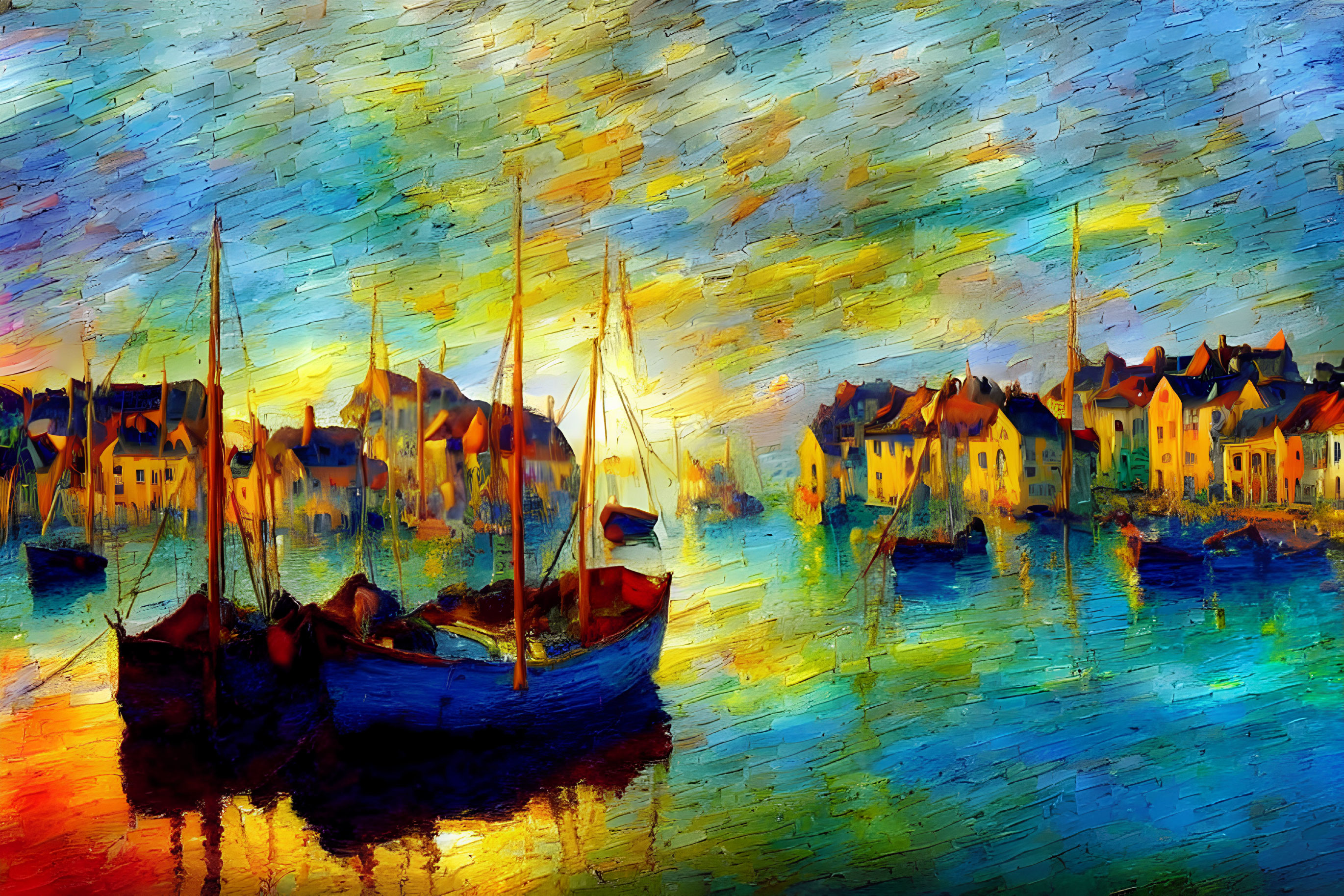 Sailboats and Waterfront Buildings in Impressionist Style