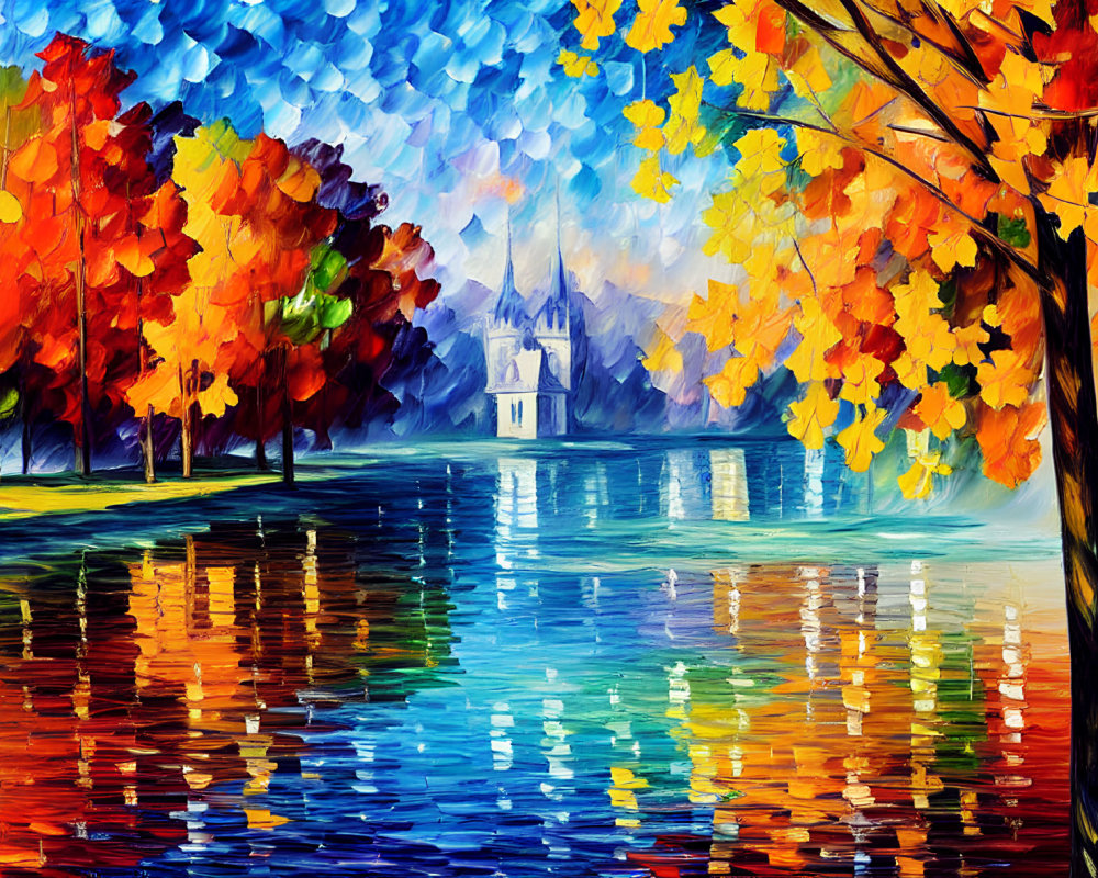 Colorful Autumn Trees Reflecting in Lake with Castle