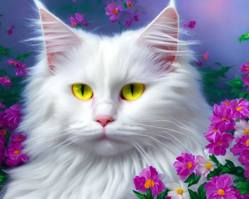 White Cat with Yellow Eyes Surrounded by Pink Flowers on Blue Background