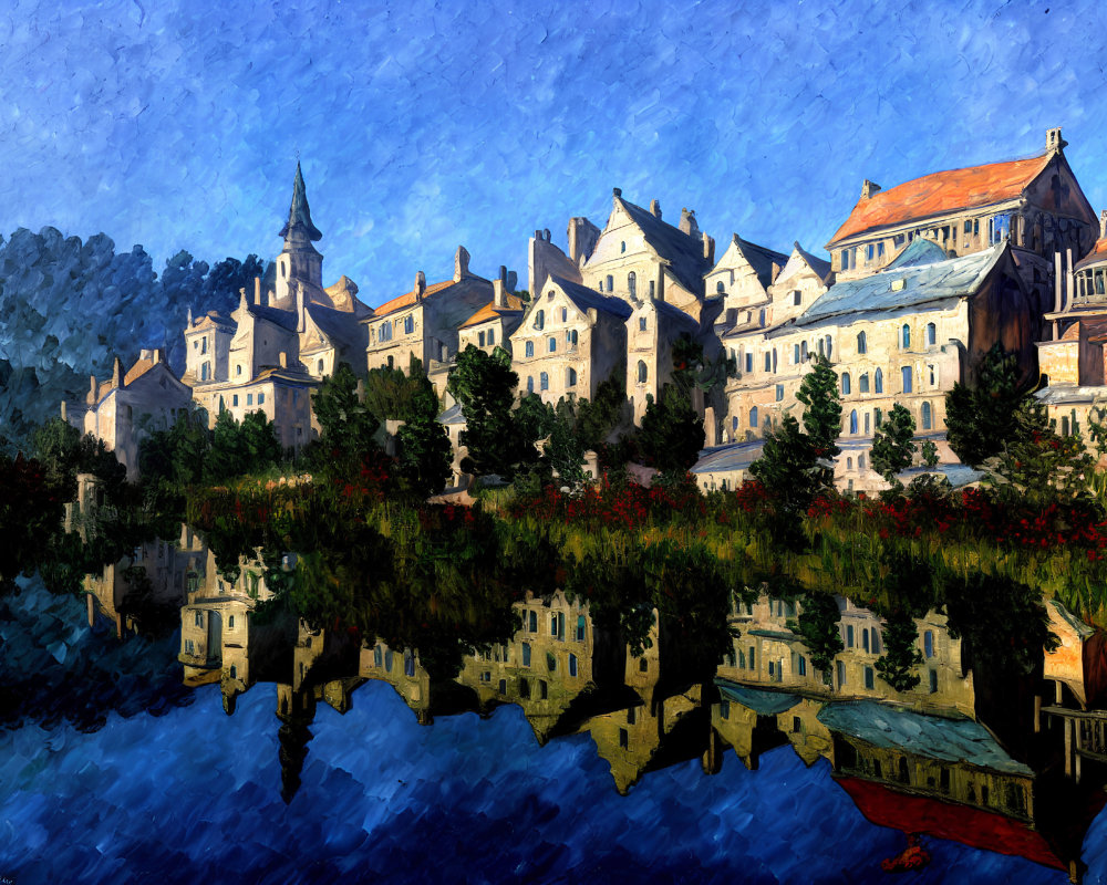 Impressionistic painting of quaint European village with historic buildings and church by calm river