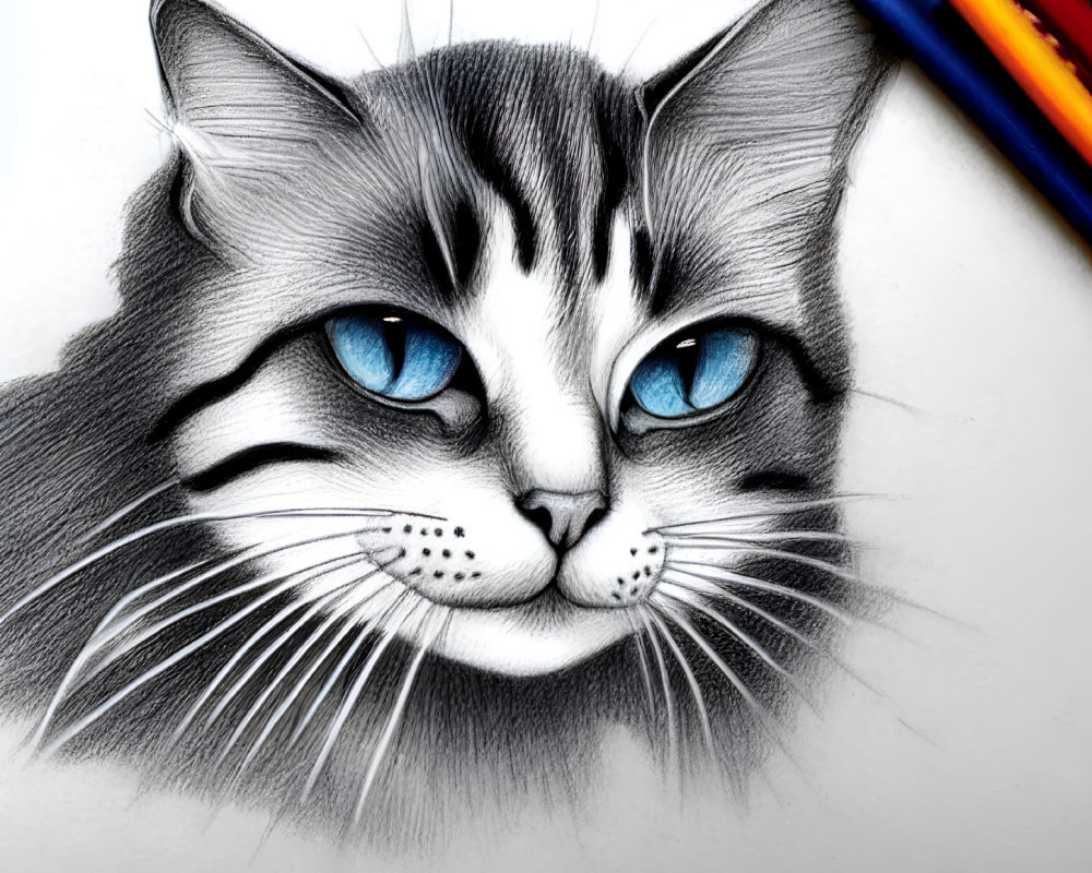 Detailed pencil sketch of a cat with blue eyes and whiskers on white background, surrounded by colored pencils