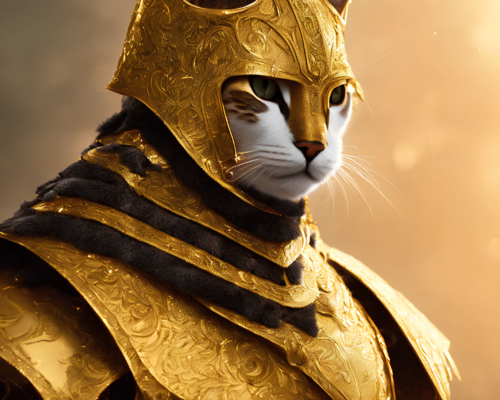 Digital artwork: Stoic cat in ornate golden armor