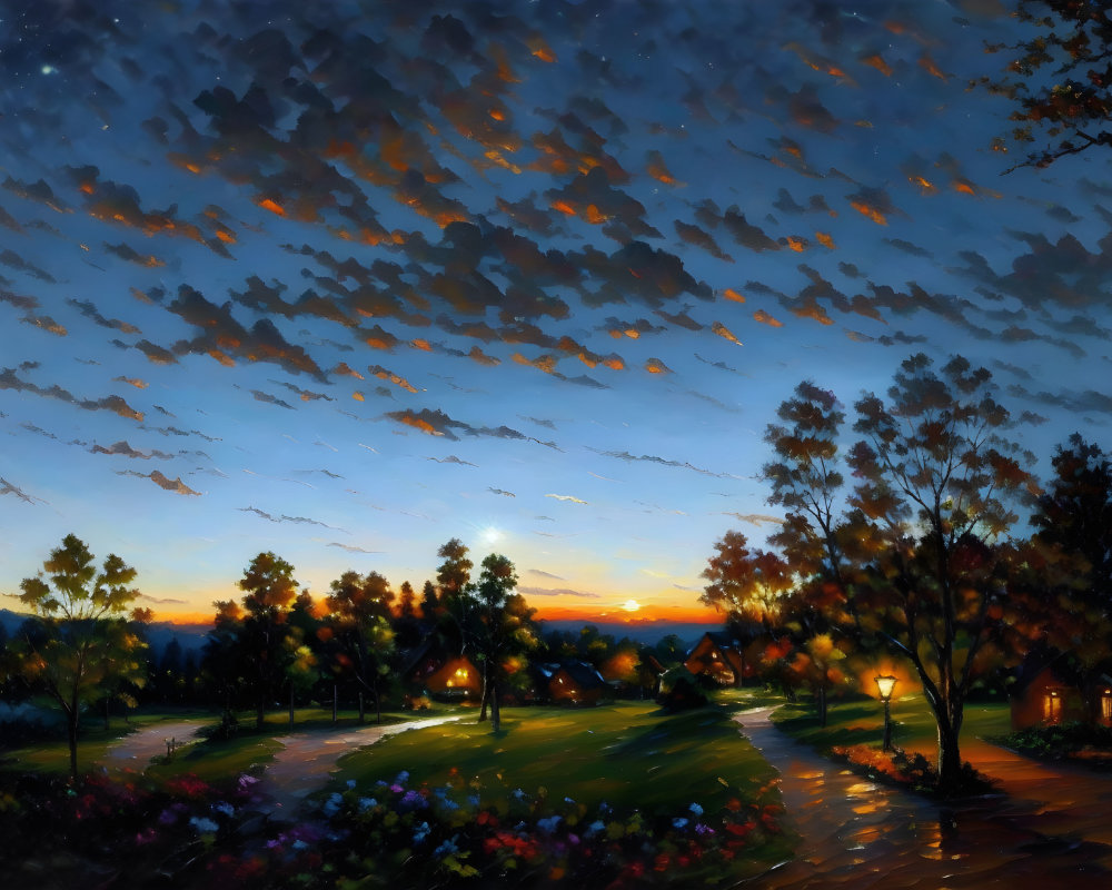 Vibrant Twilight Scene with Cottages, Trees, and Flowers