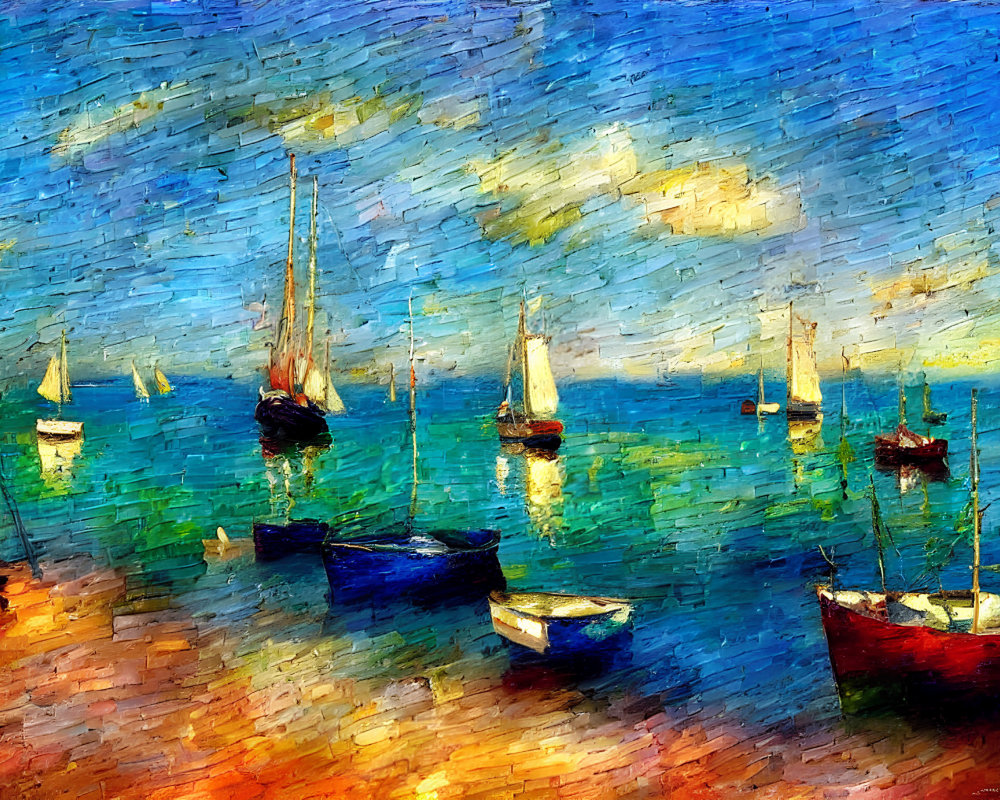 Sailboats on vibrant blue ocean at sunset in impressionist style