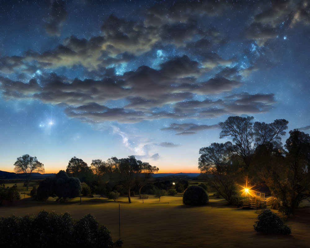 Tranquil twilight scene with starlit sky, radiant star, silhouetted trees, and