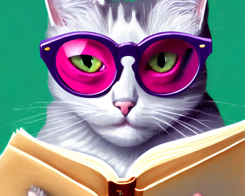 Illustrated Cat with Purple Sunglasses Reading Book