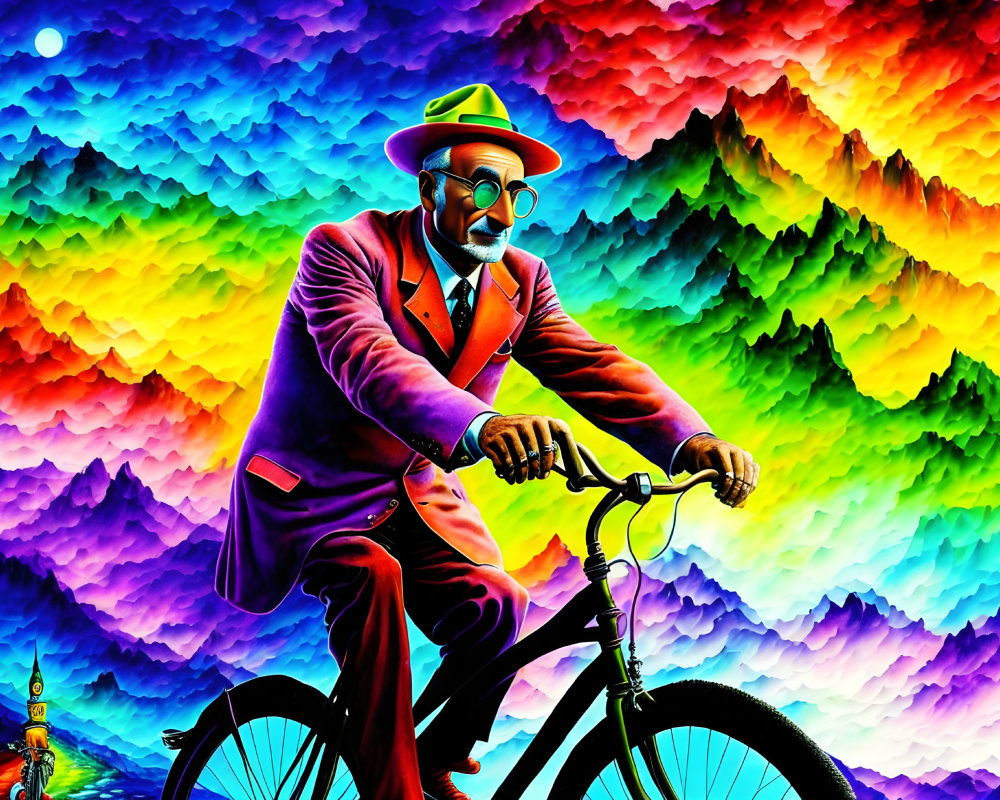 Colorful Artwork: Stylish Man on Bicycle in Psychedelic Background