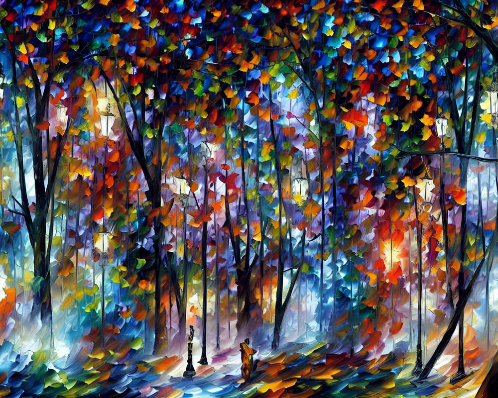 Colorful autumn forest painting with dynamic brush strokes