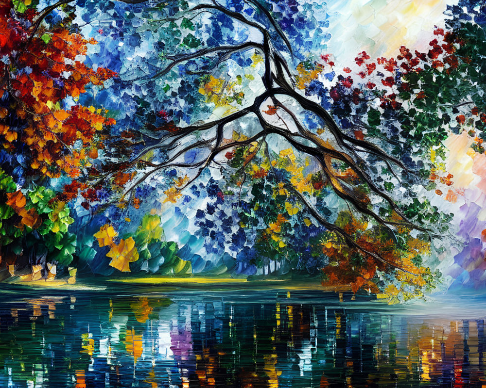 Vivid Autumn Tree Painting Reflecting on Tranquil Lake