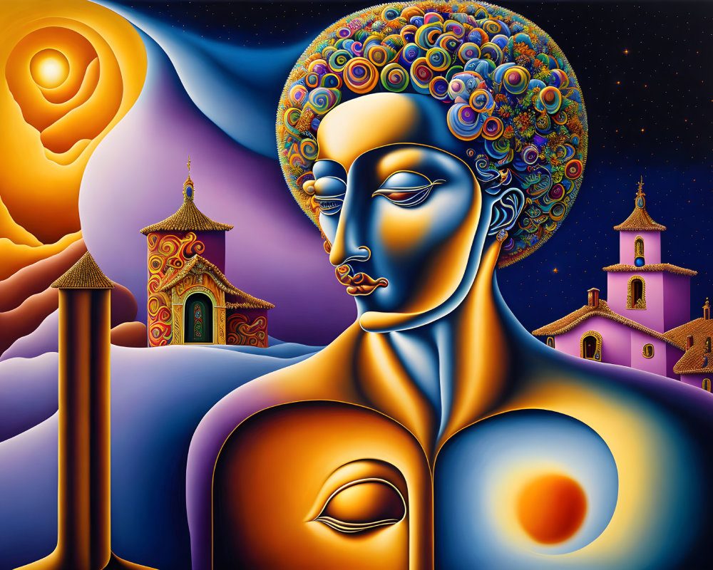 Colorful surreal painting of a stylized figure in ornate patterns against abstract landscape