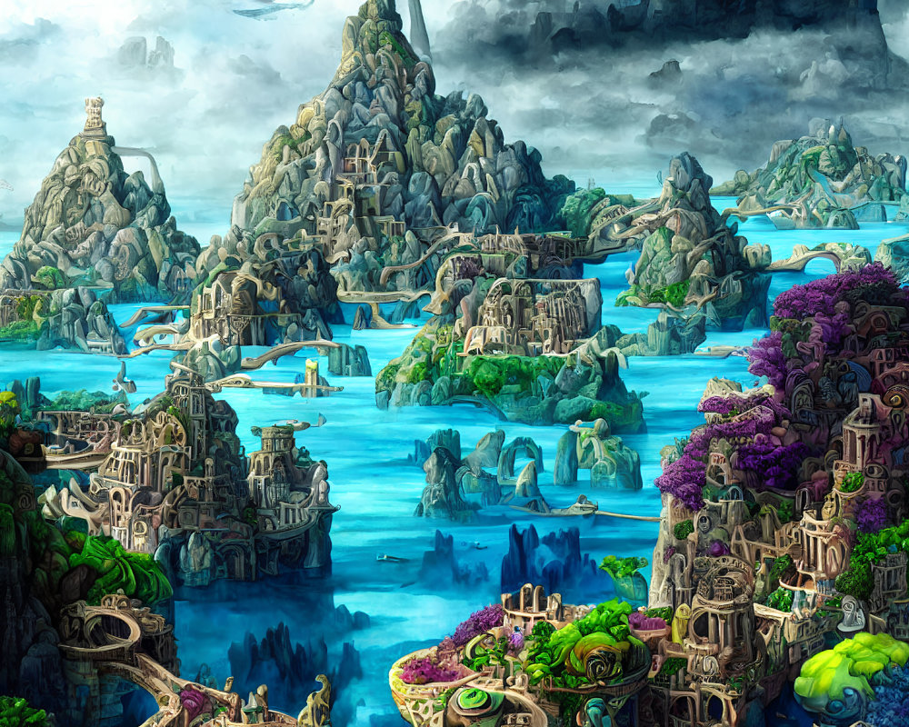 Detailed Fantasy Landscape with Mountains, Waterfalls, Bridges, and City Structures