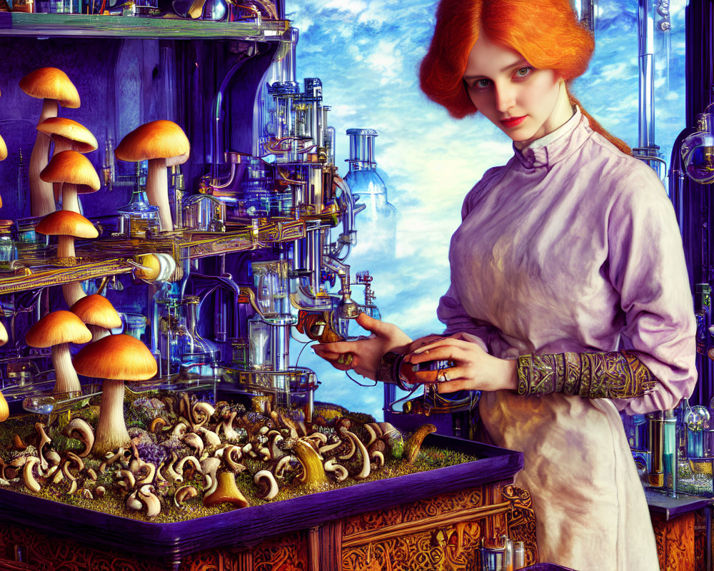 Red-haired woman in historical attire with glass vial in fantastical laboratory.