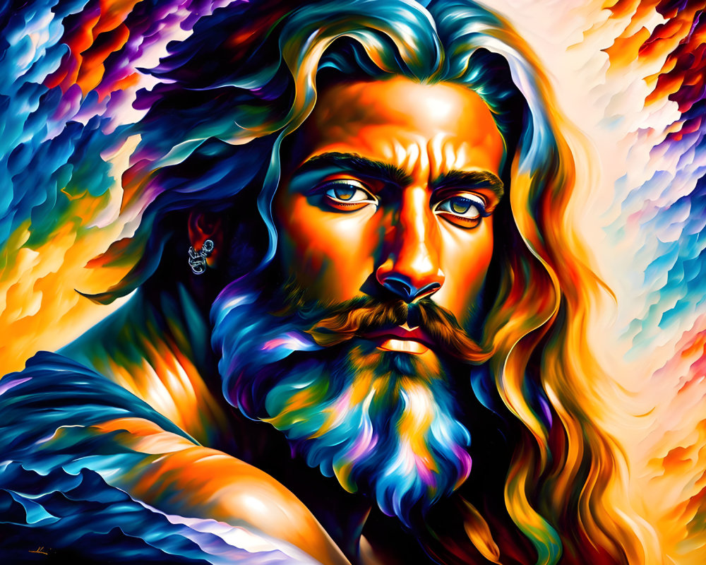 Colorful digital painting of a man with flowing beard and blue eyes in dynamic setting.