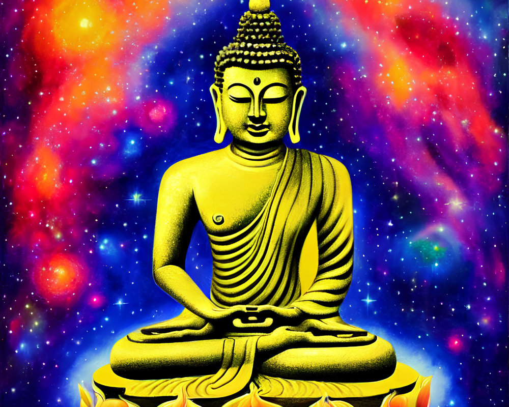 Golden Buddha Statue Meditating on Lotus with Cosmic Starry Background