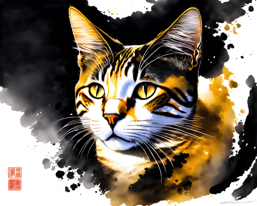 Tabby Cat Digital Painting with Orange Eyes on Dramatic Black and Gold Background