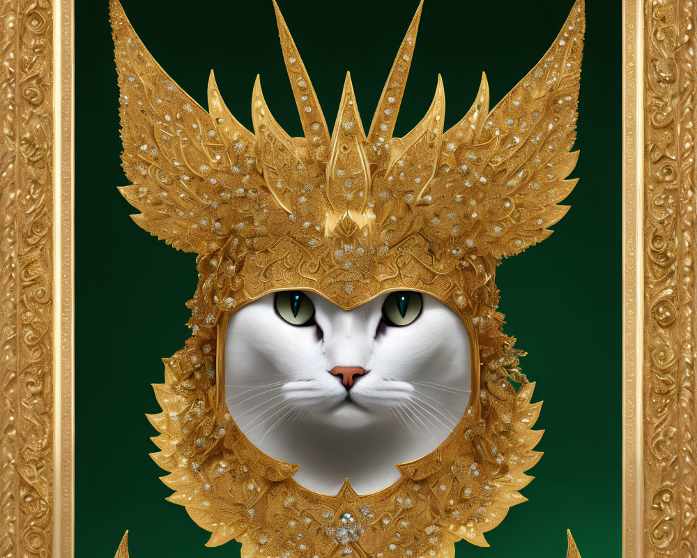 Golden frame with majestic cat illustration on green background