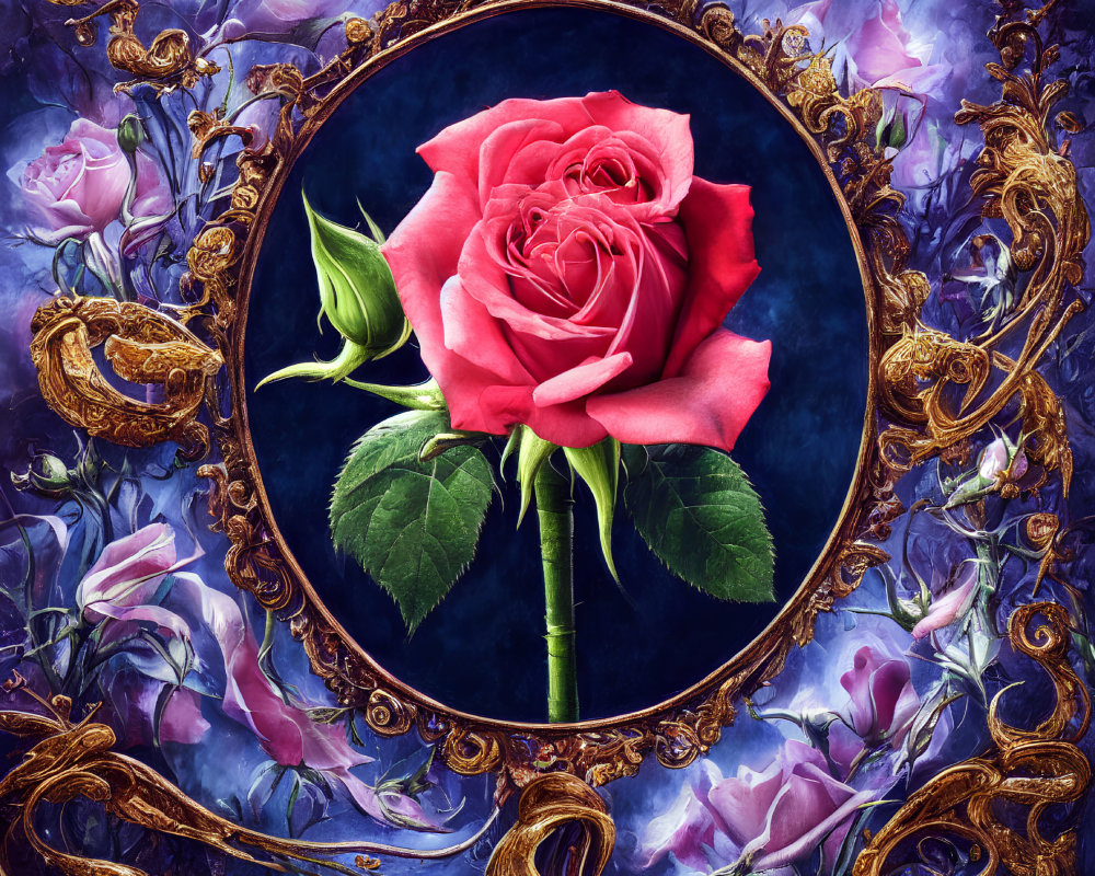 Pink rose in golden mirror surrounded by purple roses.