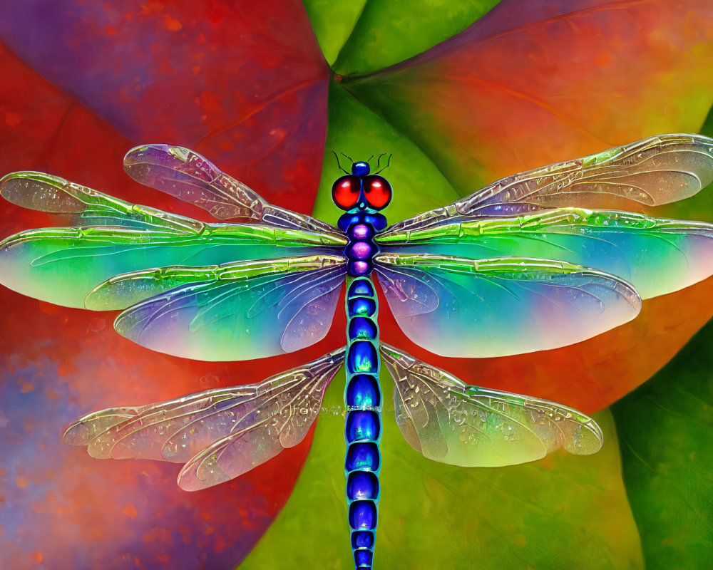 Close-up image of vibrant blue dragonfly on multicolored leafy background