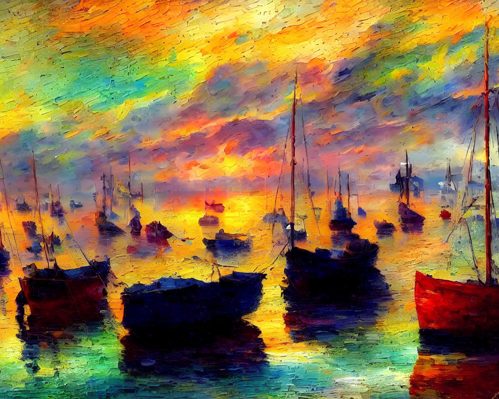 Vibrant Impressionist Sunset Sky Over Boats