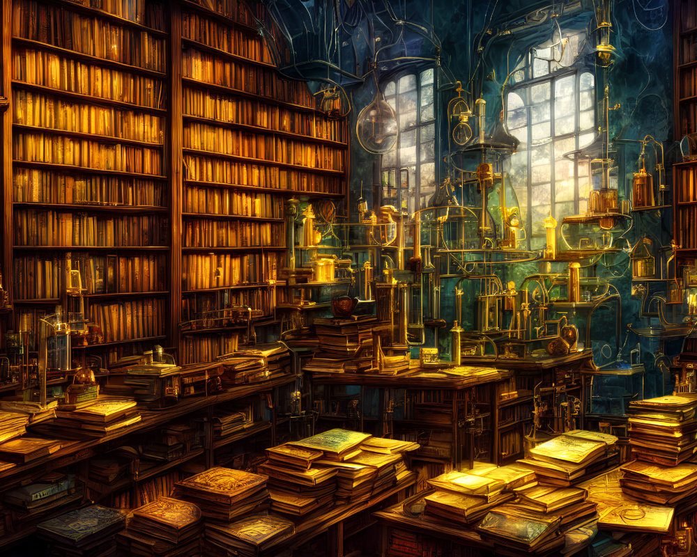 Dimly-lit Library with Towering Bookshelves and Scientific Apparatus