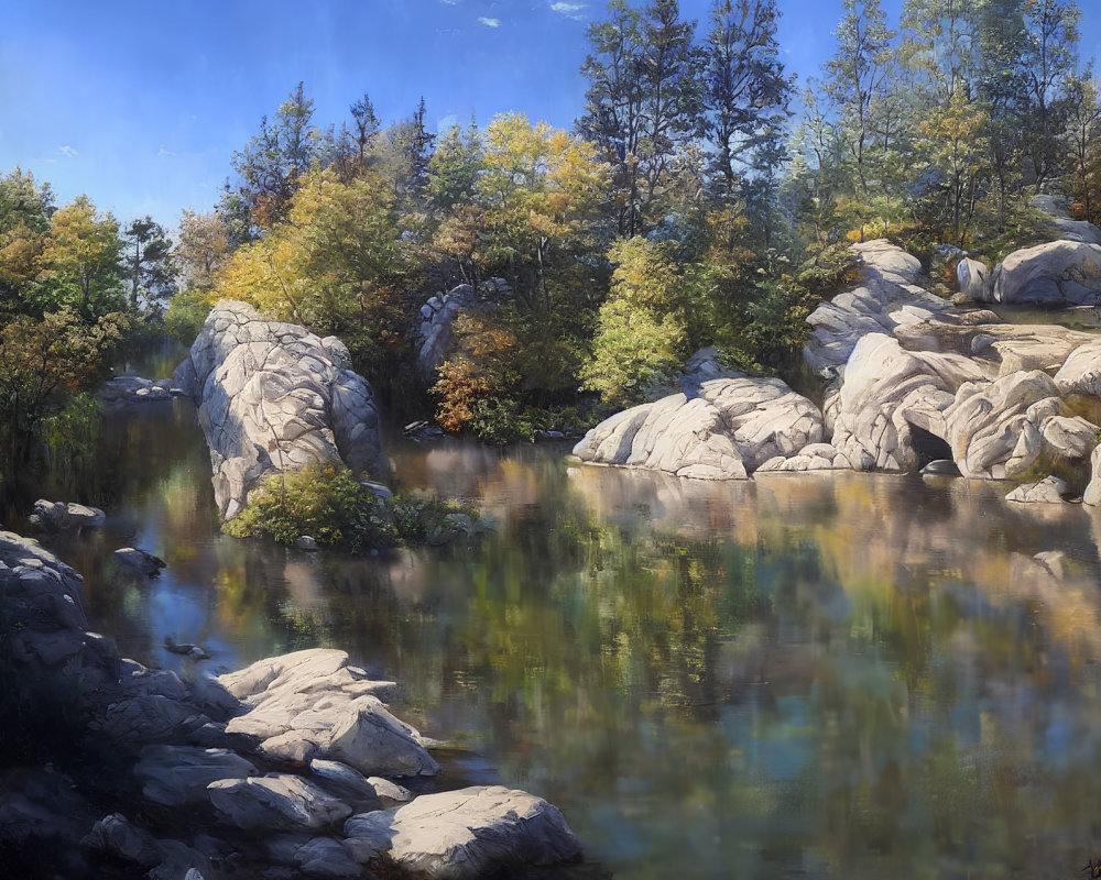 Tranquil forest scene with glassy river and autumn trees reflected.