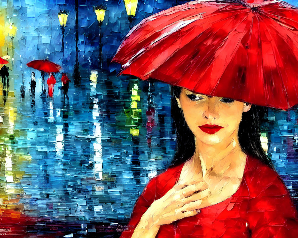 Vivid oil painting of woman with red umbrella on rainy street