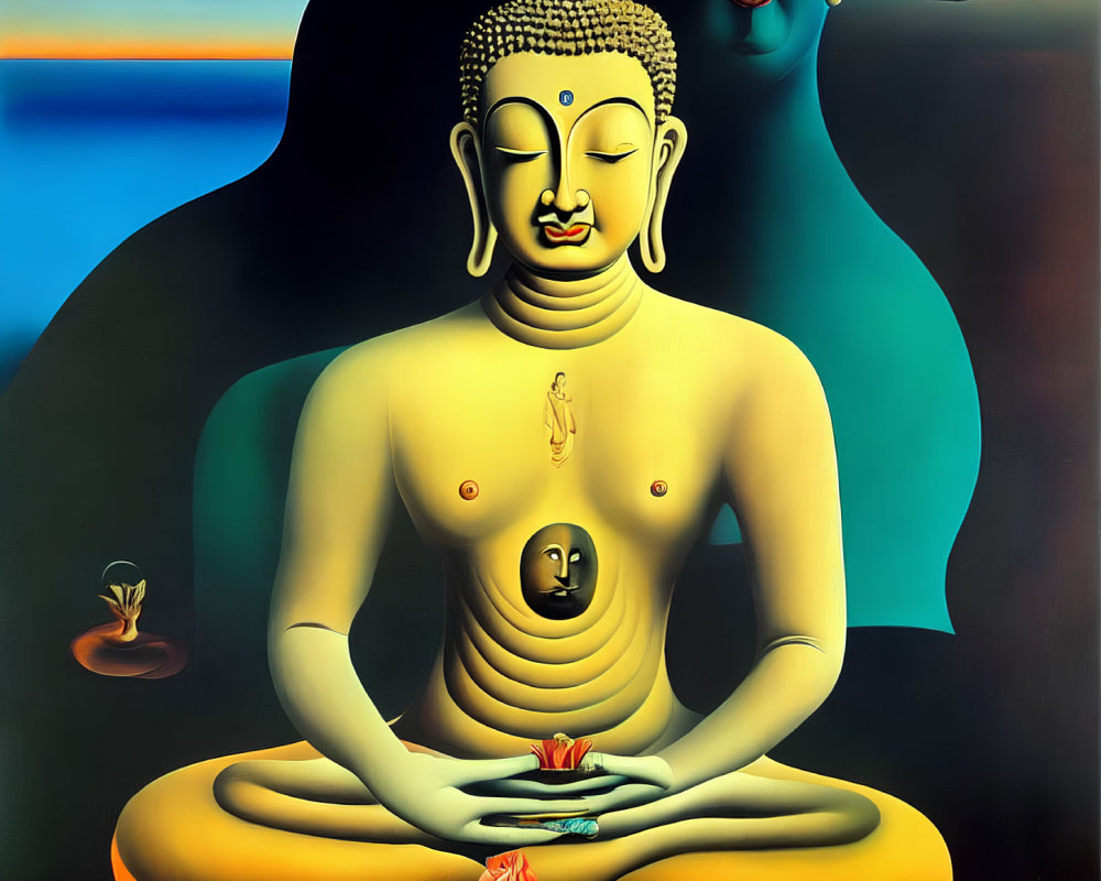 Surreal painting of golden Buddha meditating with blue face and flowers