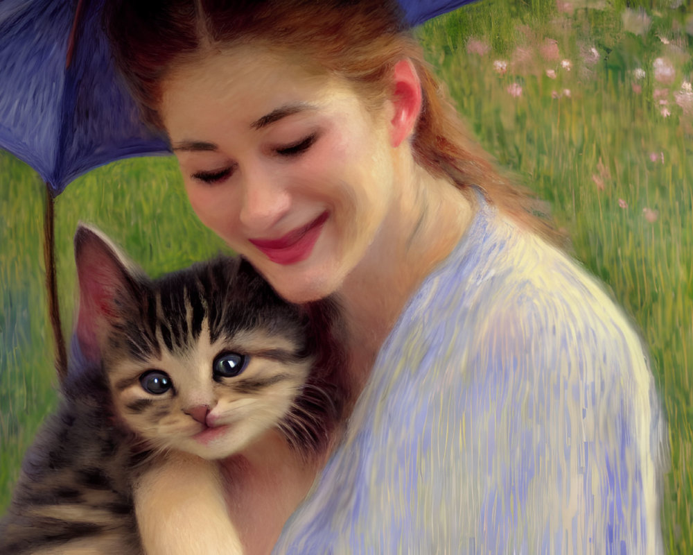 Smiling woman with kitten under blue umbrella in flower meadow