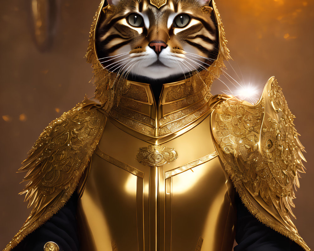 Regal Cat in Golden Armor with Stern Expression