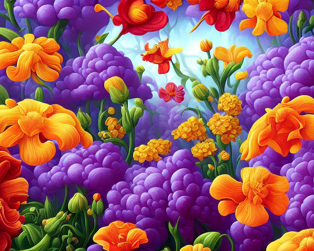 Colorful Floral Illustration with Orange, Red Blooms on Purple Background