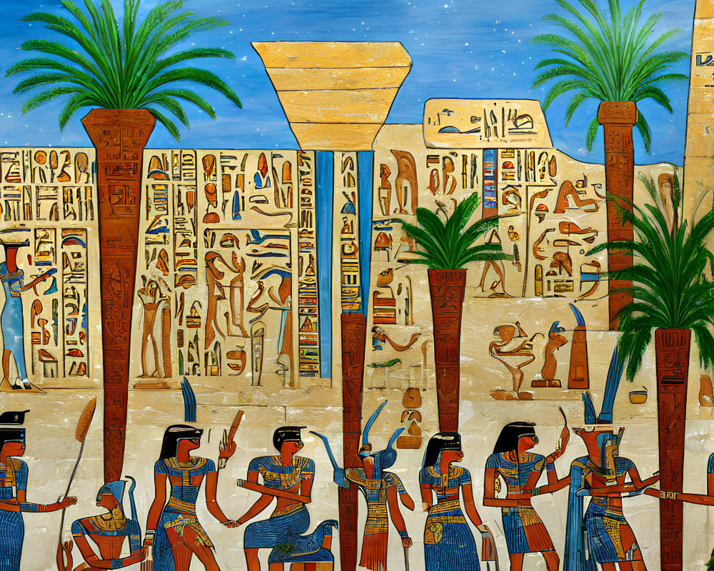 Colorful Ancient Egyptian Artwork Featuring Hieroglyphics and Pharaohs