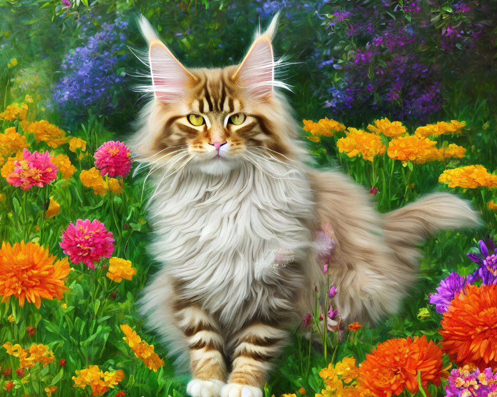 Long-Haired Cat with Amber Eyes Surrounded by Colorful Blooming Garden