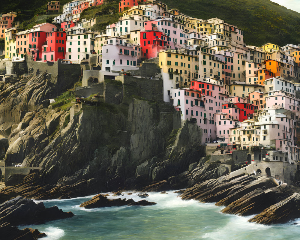 Vibrant houses on steep cliffs with rugged coastline and green hills