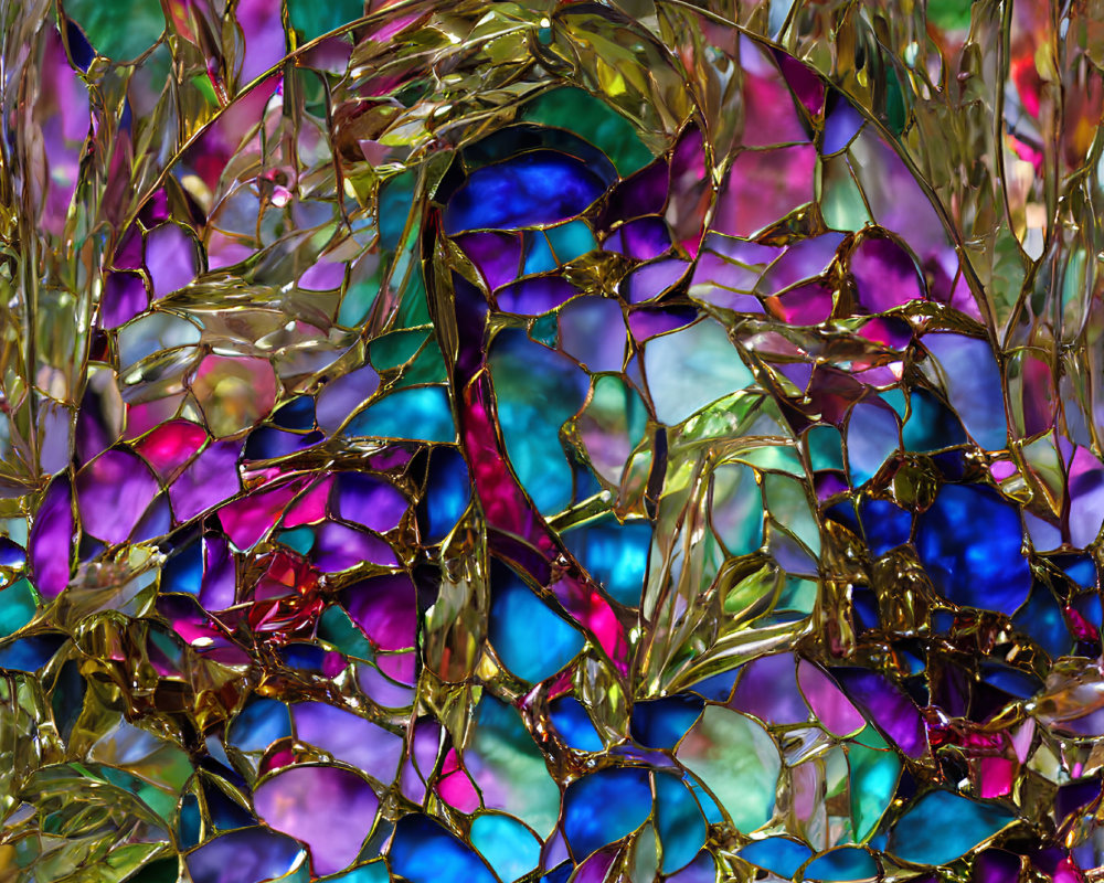 Colorful Abstract Mosaic with Iridescent Shards and Golden Accents