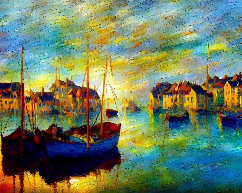 Sailboats and Waterfront Buildings in Impressionist Style