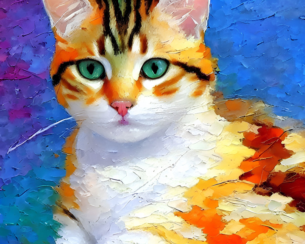 Vibrant cat illustration with green eyes and colorful patchwork fur