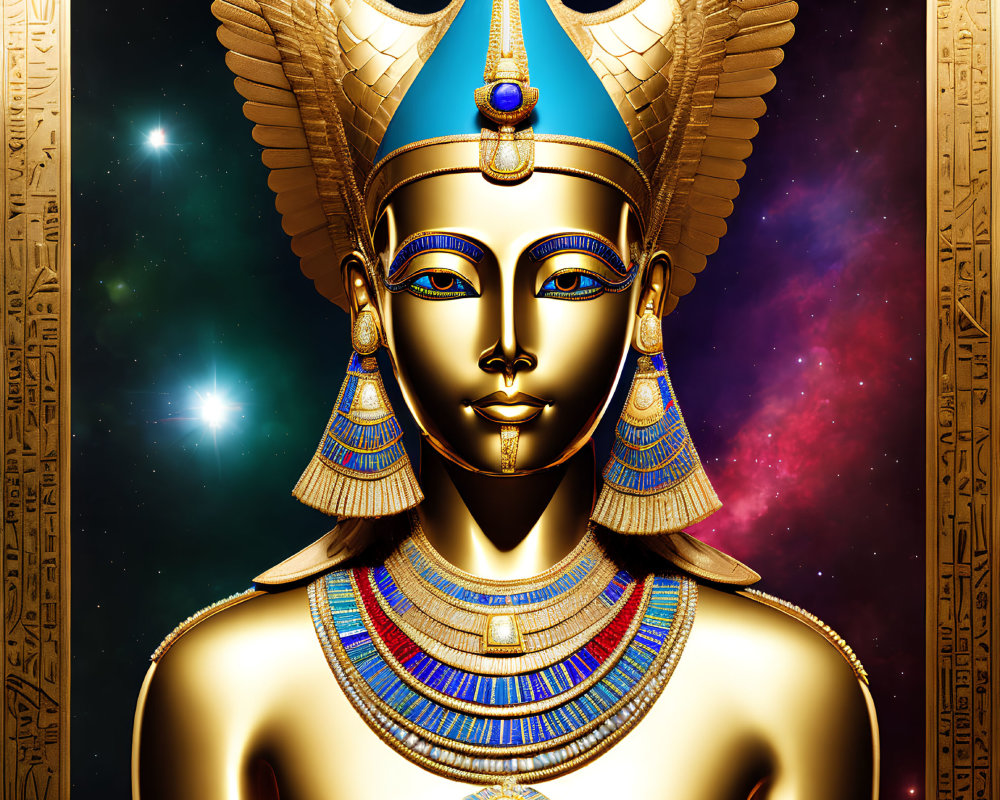 Egyptian Pharaoh Artwork with Traditional Headdress and Cosmic Background