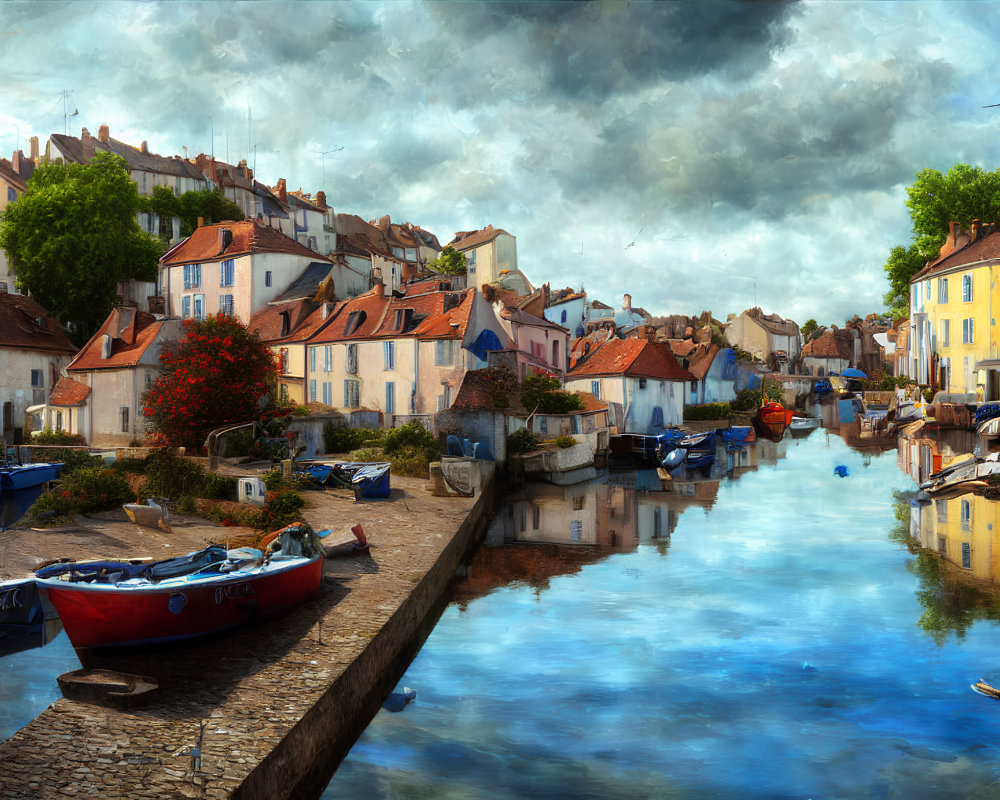 Tranquil canal scene with docked boats and colorful European houses