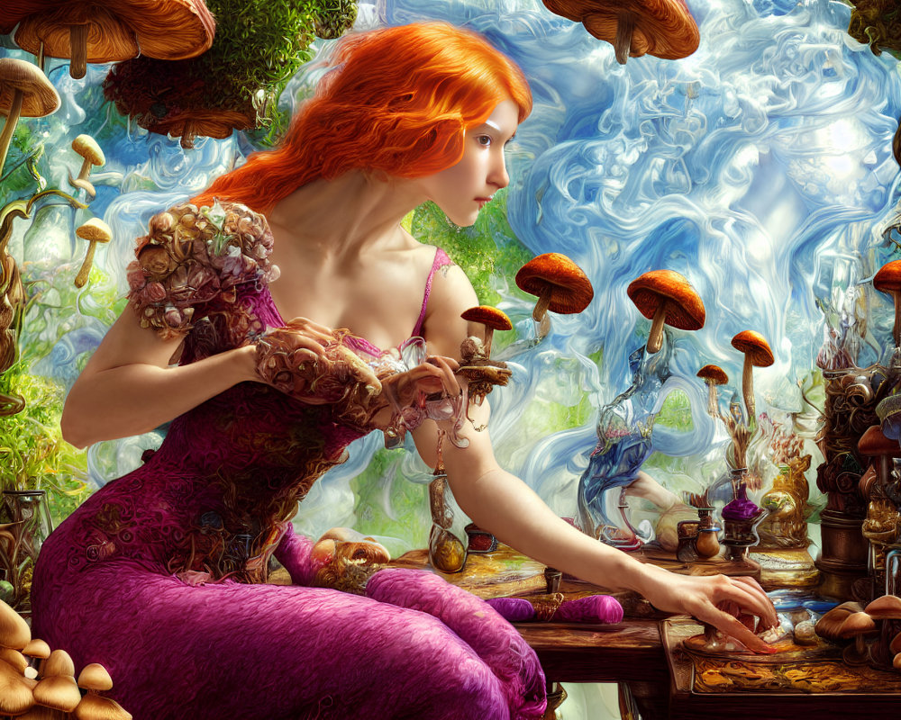 Fiery red-haired woman in purple dress plays magical chess among fantastical mushrooms