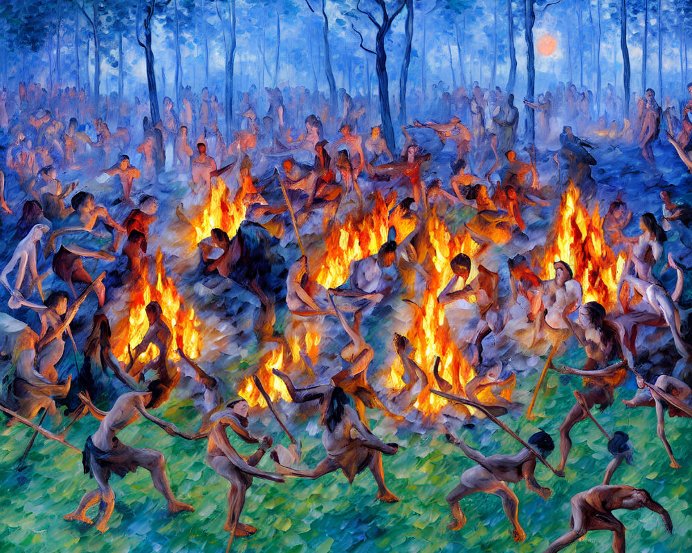 Colorful painting of people dancing around bonfires in forest at dusk