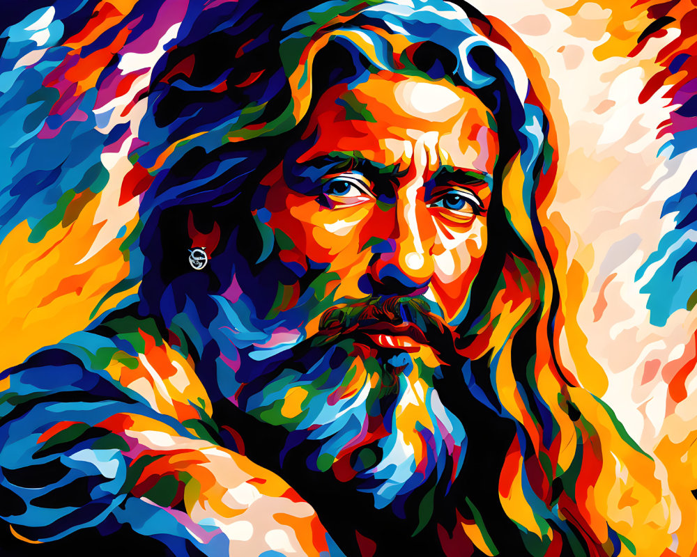 Colorful Portrait of Bearded Man with Intense Eyes and Bold Strokes