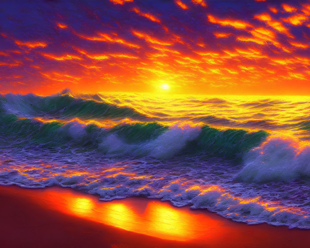 Colorful sunset sky over turbulent ocean waves crashing on beach.