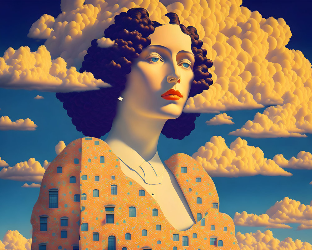 Surreal artwork: Woman's face merged with building under cloudy sky