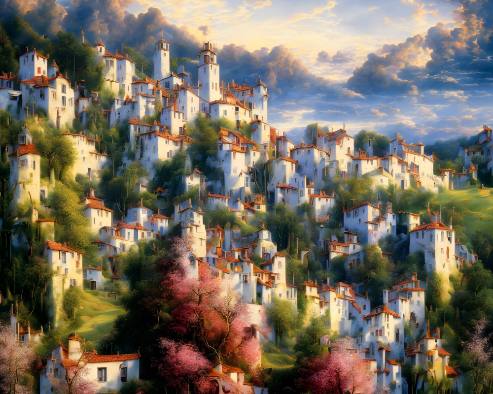 Scenic hillside village with terracotta-roofed white houses surrounded by lush greenery